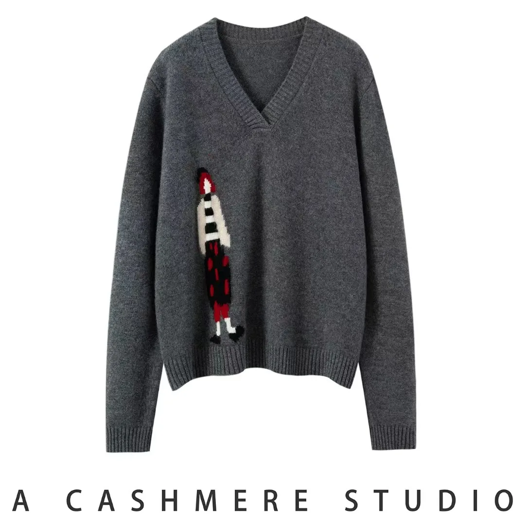 Seven-stitch double-stranded thick 100% pure cashmere girl Jacquard V-neck loose lazy bottoming shirt