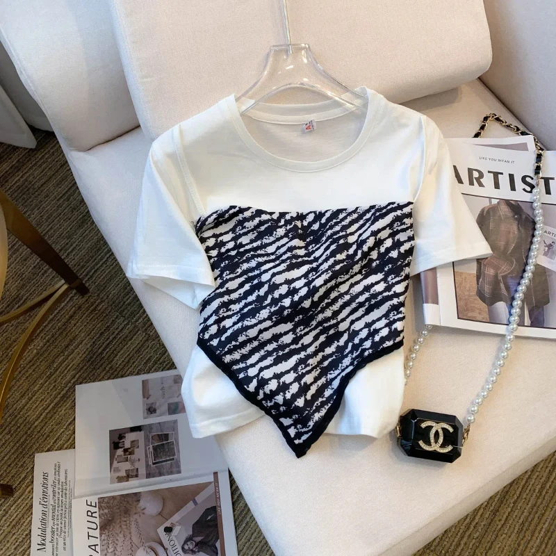 Summer New Trend Short Patchwork Fake Two Piece Short Sleeve T-shirt for Women Irregular Fashion Tops Casual Korean Clothing