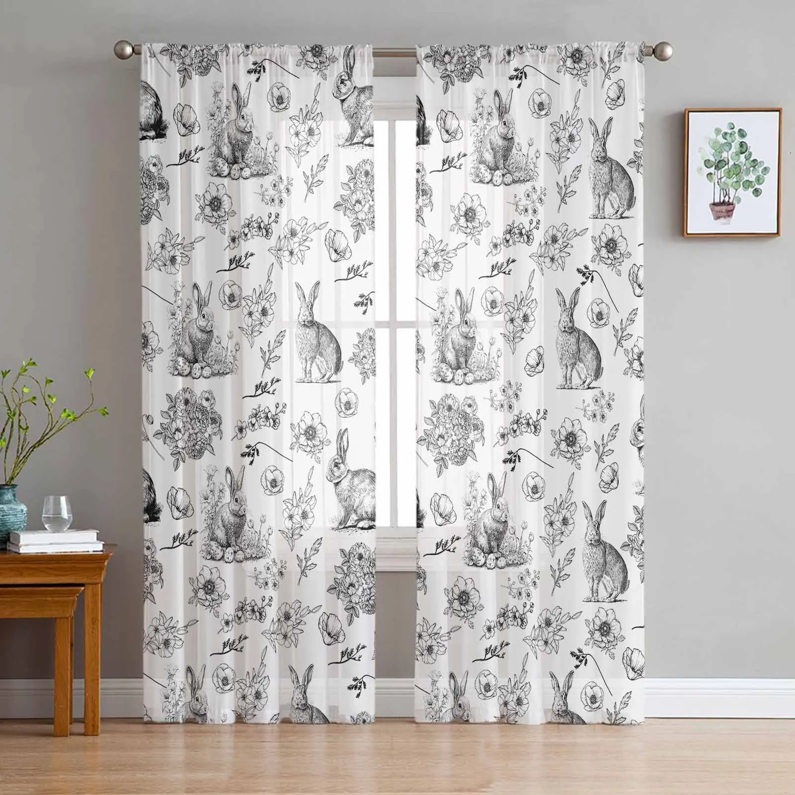 Hand Drawn Rabbit Flower Black And White Voile Curtains for Bedroom Window Tulle Curtain for Living Room Sheer Blinds Drapes