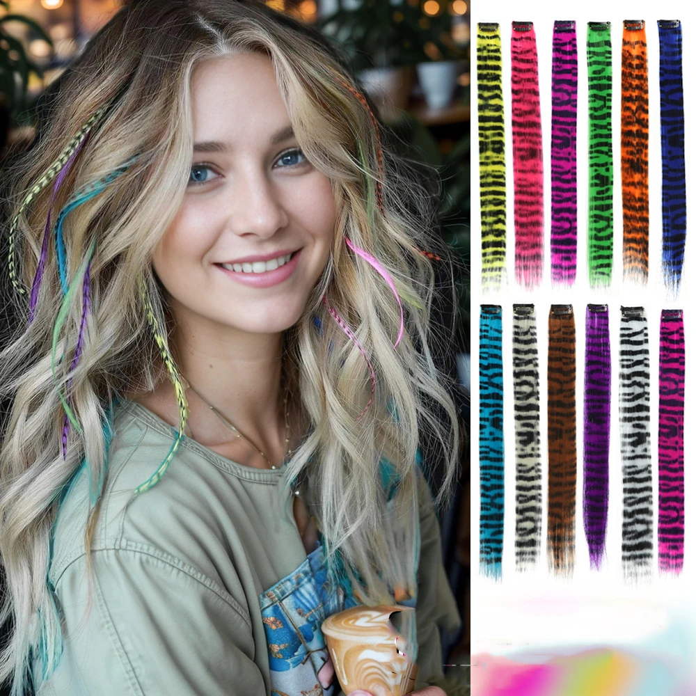 

3 шт./компл., разноцветные длинные прямые волосы в полоску с принтом, синтетические накладные волосы на клипсах для ежедневного использования, вечеринки, Хэллоуина