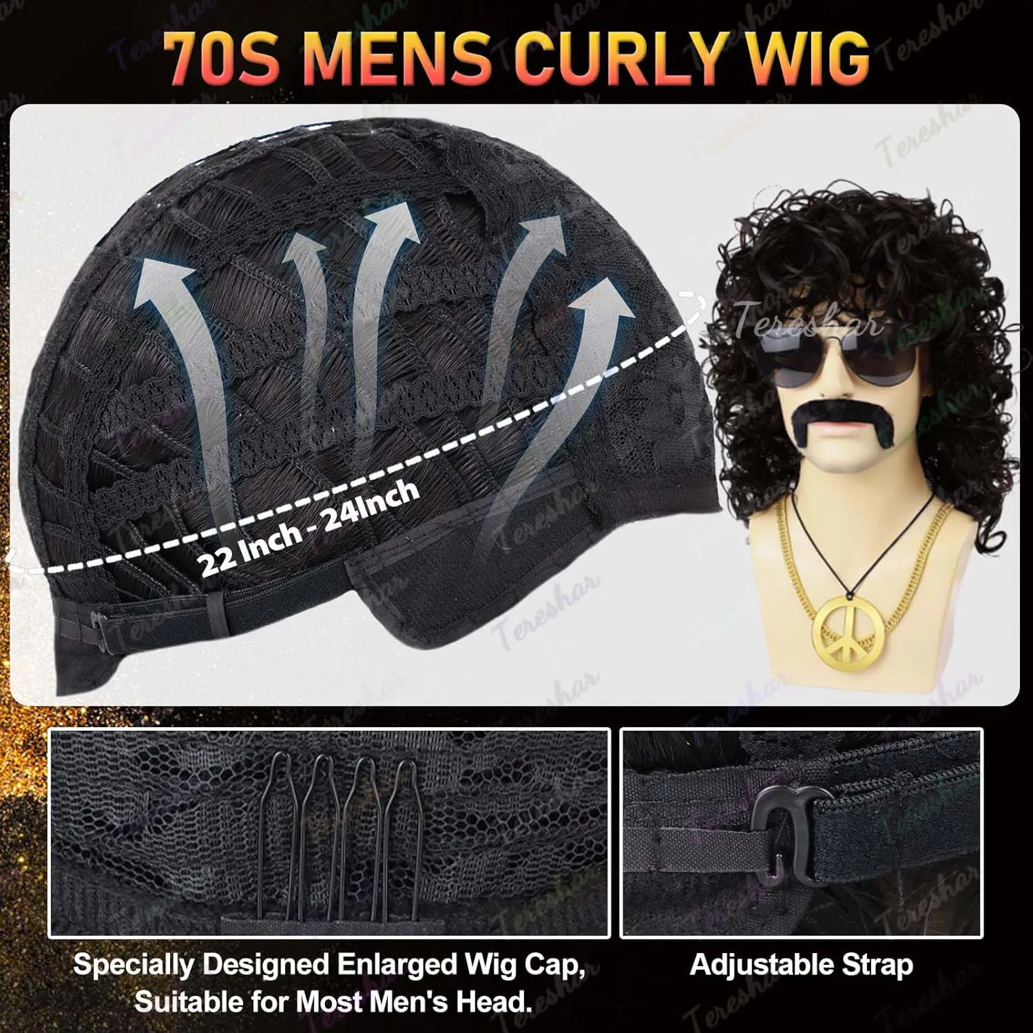 Synthetic 80s Short Jerry Curly Wig for Men with Mustache Glasses and Chain 70s Mullet Wig for Rocker Cosplay(Black,Brown Wig) image 6