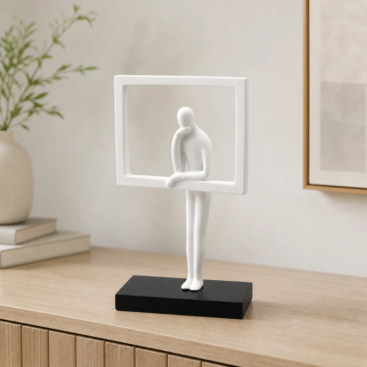 Modern Abstract Nordic Thinker Resin Sculpture with Frame, Minimalist Human Figurine Ornament Statue for Office Desk Bookshelf L