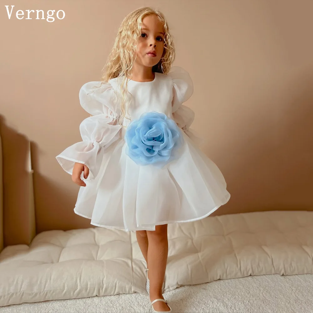 

Verngo lvory Organza Mini Girl Birthday Party Dress 3D Flowers Full Sleeves A Line Celebrity Gown Kid Dress Customized