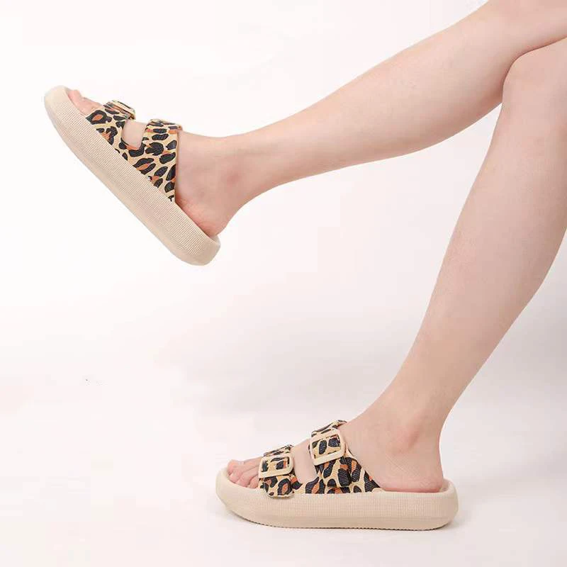 Fashion Leopard Print Cloud Slippers for Women Summer Adjustable Buckle Pillow Slides Woman Thick Bottom Non-Slip Beach Shoes