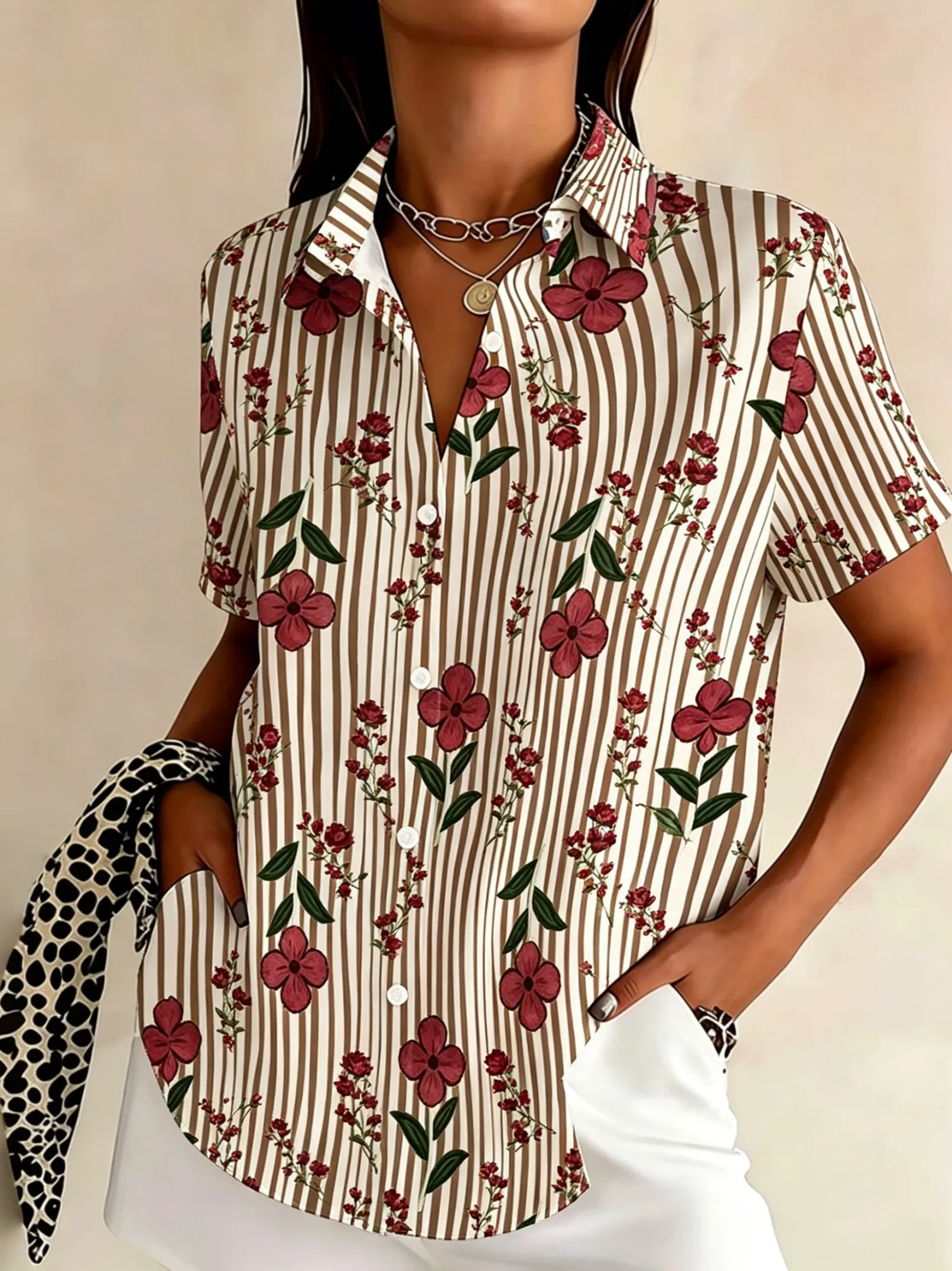 

Women's Spring Summer Lapel Shirt, White Base Retro Line Art Rose Floral Leaf Allover Print Casual Tops for Daily Outfit