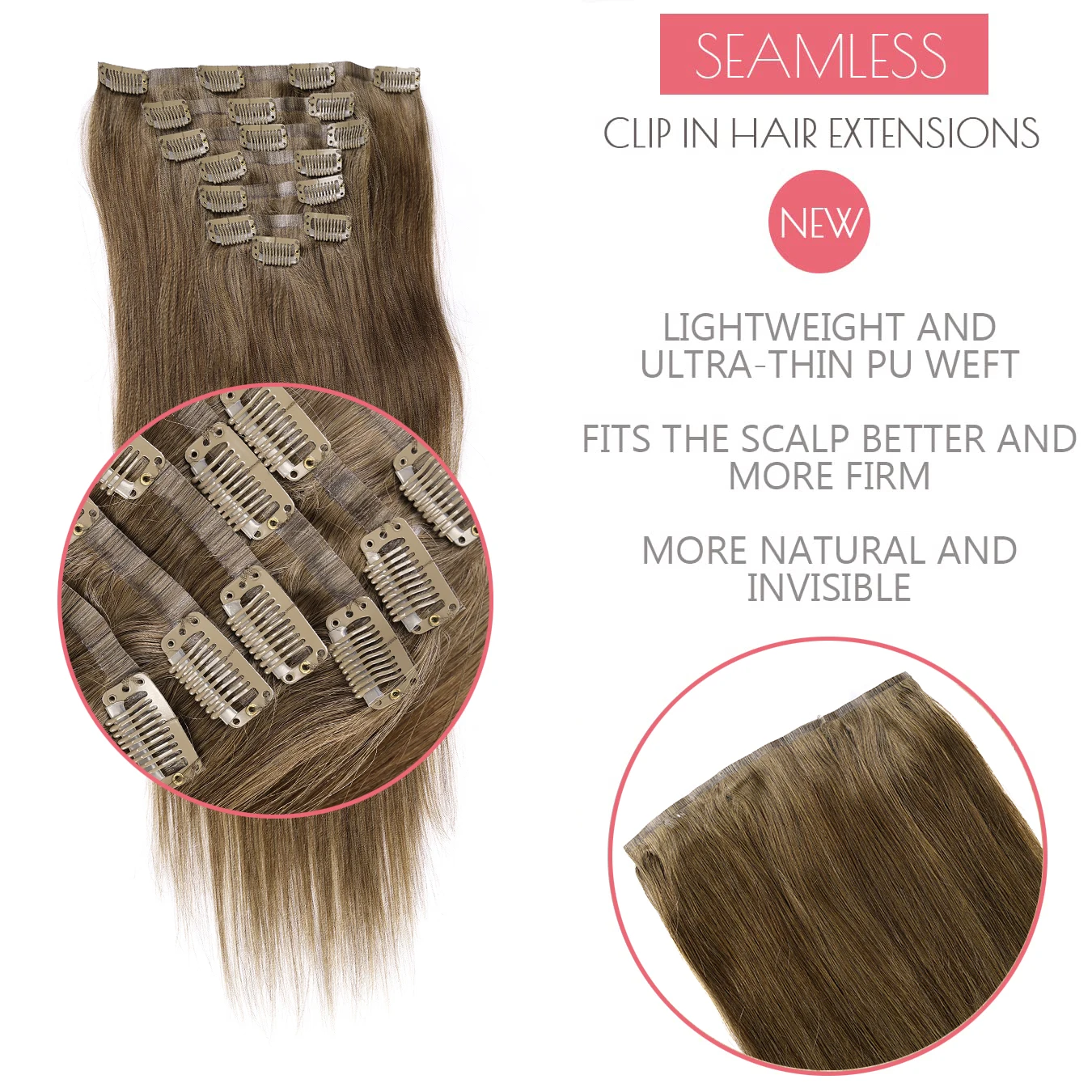 PU Clip in Hair Extensions Real Hair Clip ins #6 Seamless Clip in Human Hair Extensions 24 Inch 7 Pcs PU Skin Weft 120 Grams