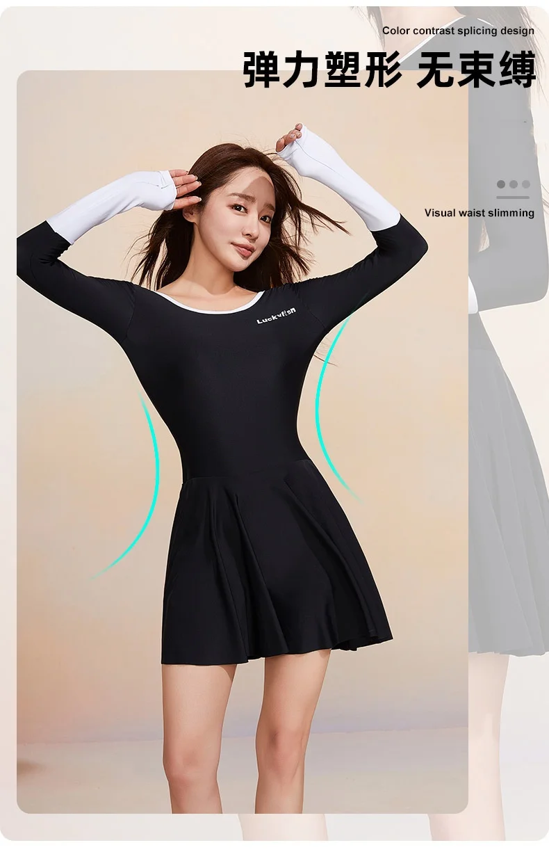 Women Long Sleeve Quick-Dry Polyster Surfing Beach Swim Skirts Sun Protect One Piece Spandex WaterProof Sports Bathing SwimWear