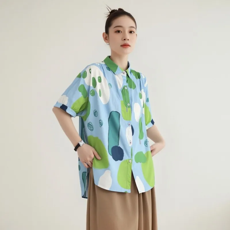 

plus Size Women's Casual Asymmetrical ort Sve irt Faionable Print Single Button Loose Fit Summer Top for plus Size