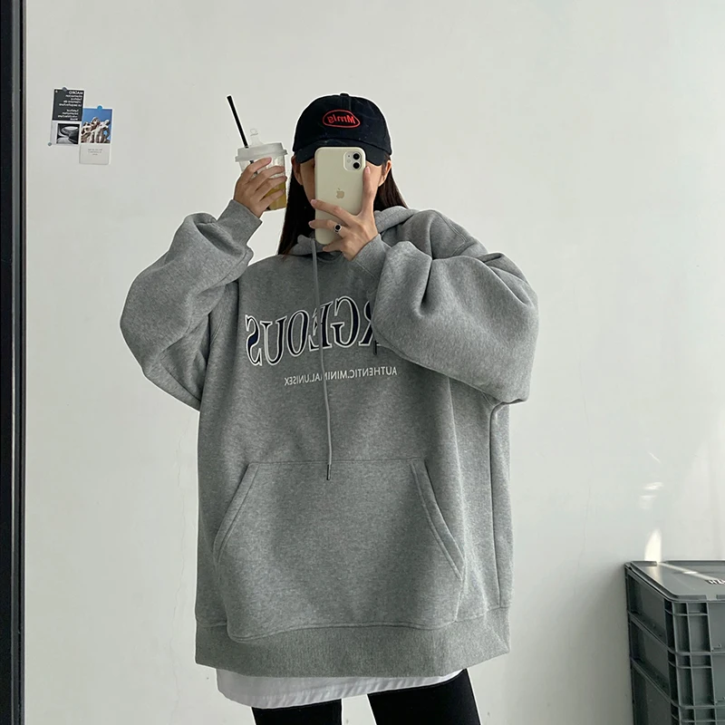 

American Nostalgic Baggy Pullover Fashion Letter Printing Fleece Thicken Sweatshirt Casual Lazy Raglan Sleeves Drawstring Hoodie