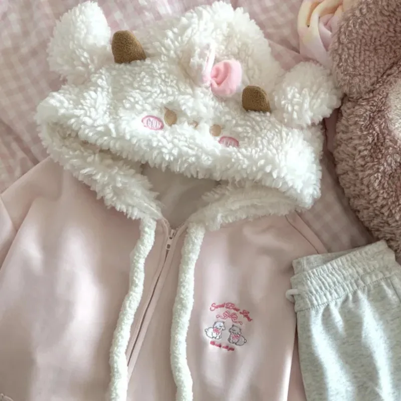 Sheep Hoodie Y2K Kawaii Little Chic Lovely Long Sleeve Loose Coat Girl Sweet Zipper Embroidery Jacket Autumn Casual Overcoat New