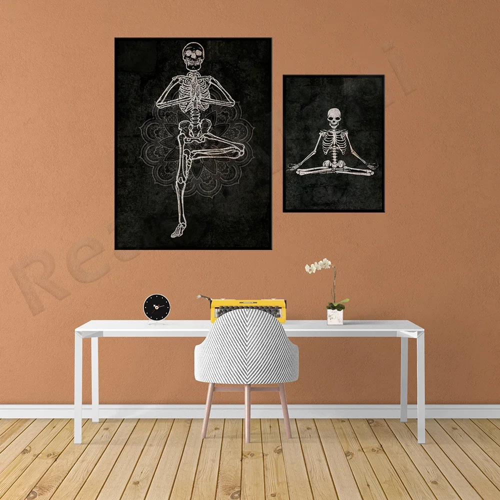 Meditation Skull Vintage Infographic Art Print, Yoga Poses Vintage Skull Print, Skull Art Poster, Vintage Meditation Skull