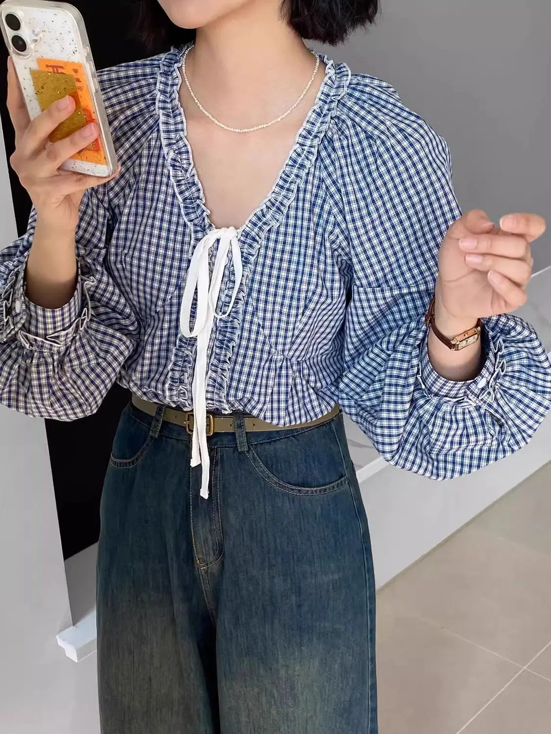 Camicette blu scozzesi da donna con maniche lunghe a lanterna Top con lacci retrò Camicie da ufficio casual da donna oversize