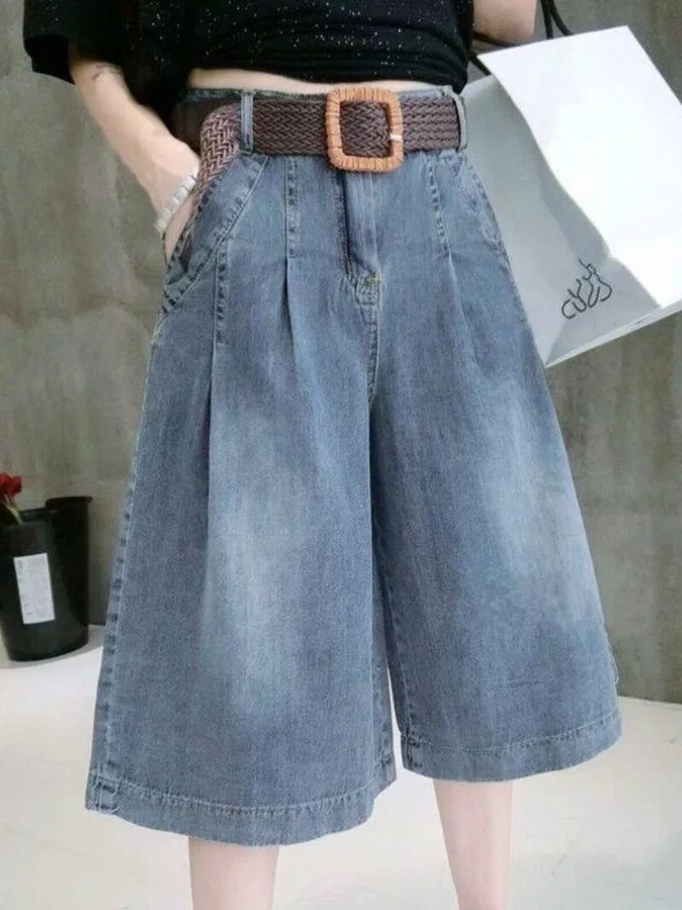 Celana Jeans Kaki Lebar Pinggang Tinggi Wanita Celana Tujuh Kaki Trendi Kasual Lurus Pelangsing Longgar Faion Baru Tipis Musim Panas