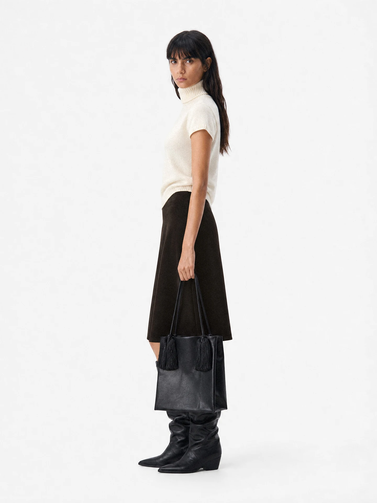 TDDP Woolen High Intelligence Sensation Micro A-Line Wide Waist Head Treated Half Skirt Women's Autumn Slimming Midi Skirt