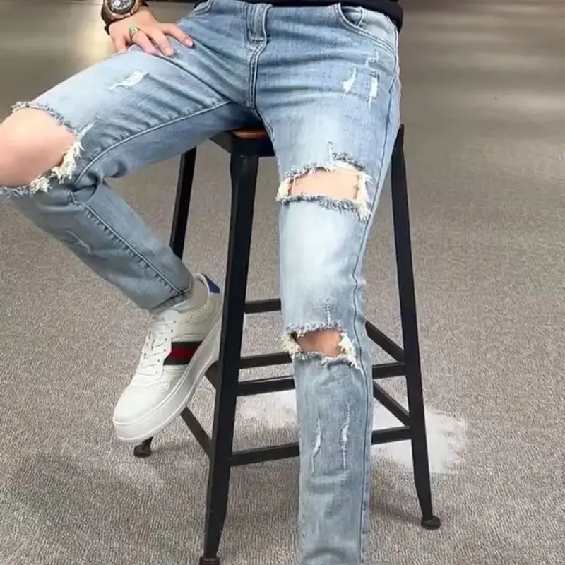 Scraped Knees Ripped Jeans Men's Trendy Brand Thin Spring 2025 New Light-color Beggar Pants Slim Leggings Korean Luxury Clothing