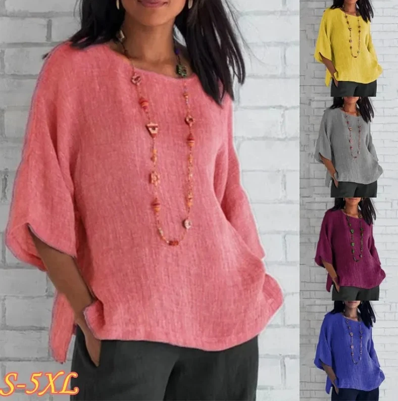 بلوزة قطنية صيفية للنساء، بلوزة فضفاضة كاجوال برقبة دائرية وأكمام 3/4، قميص تونيك بأكمام قصيرة #3