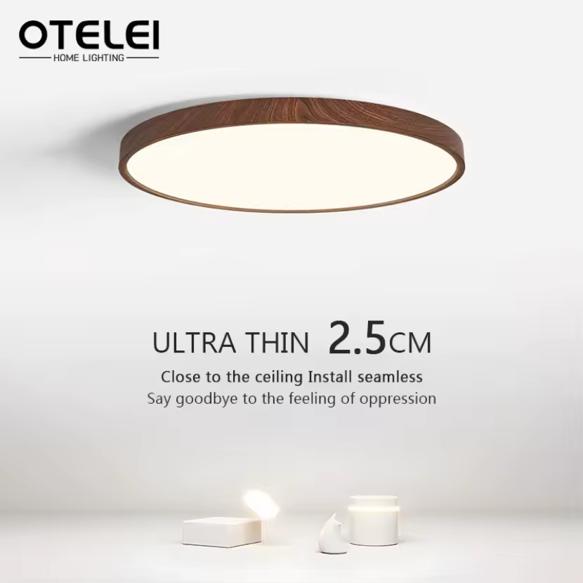 Modern LED Ceiling Light Circular Ultrathin Wood Grain Walnut Decorative Light Indoor Bedroom Living Room Dining Room Home Light
