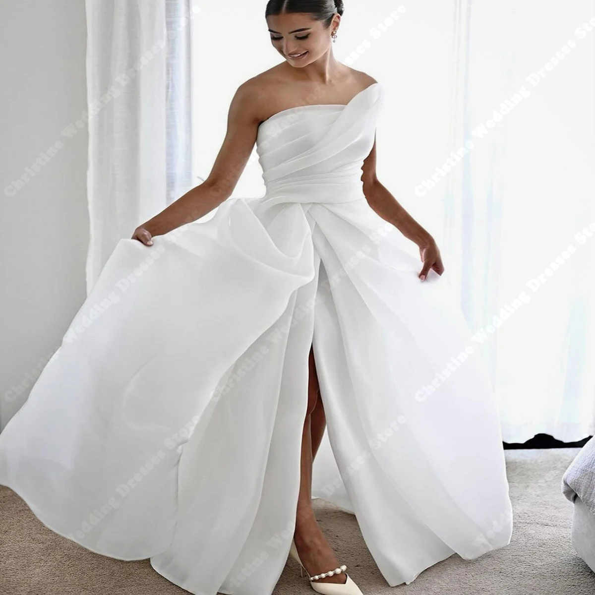 Vestido De Novia De satén blanco puro con manga abullonada, Vestidos De Novia De línea a con abertura lateral alta, estilos simples, vestido De tren De corte