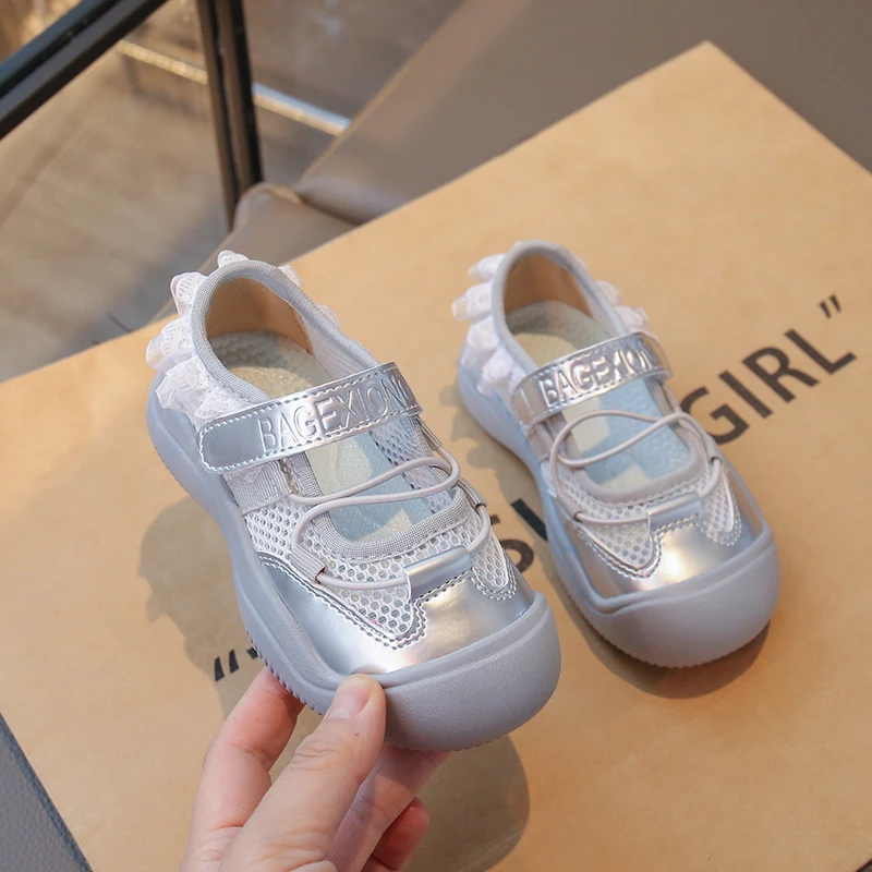 2026 Toddler Girls Breathable Mesh Casual Shoes Lace Trim Anti-Collision Non-Slip Soft Sole for Daily School Outdoor Play Wear