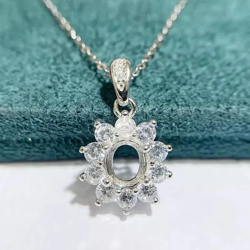MeiBaPJ 5mm*6mm Elliptic Stone DIY 925 Silver Holder Sun Flower Pendant Necklace Empty Setting Fine Wedding  Jewelry for Women