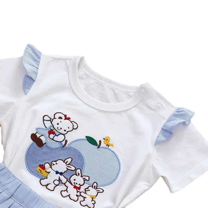 Japanese Summer Girls\' Dress Sets Cartoon Bear Rabbit Embroidery Short Sleeve T-shirt Short Skirt Set Baby Girl Clothes Ropa
