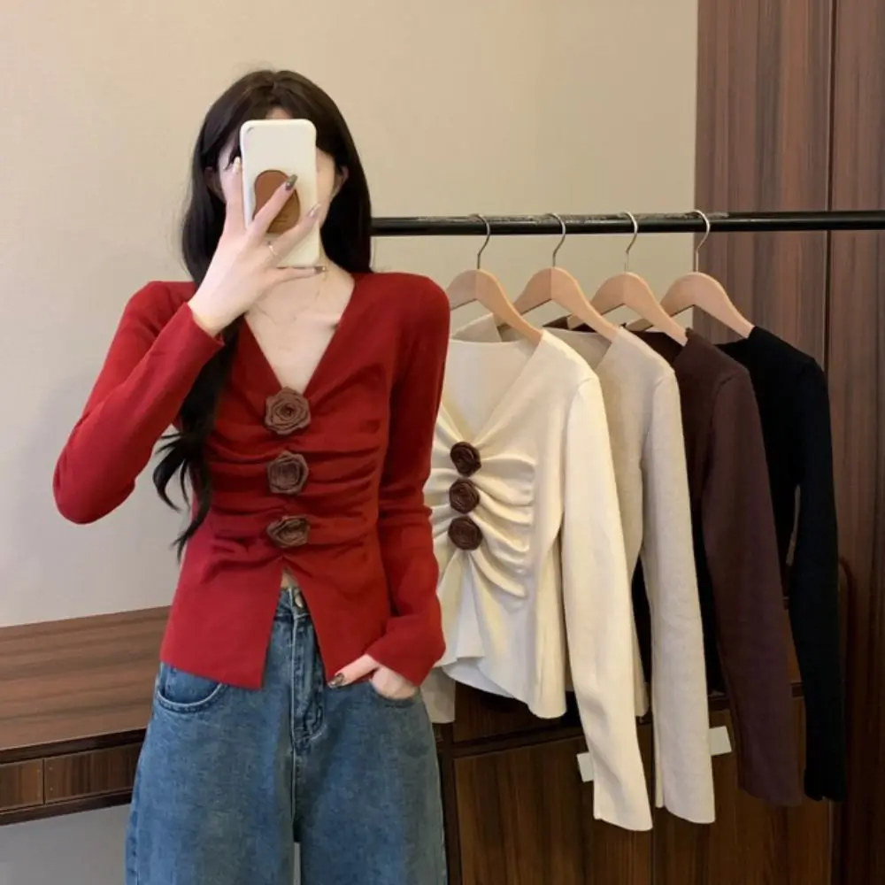 

Pleated Long Sleeved Knitwear Slim Fit Bottoming Shirt 3D Rose Flower Top Sweet Autumn Spring Winter Knitted Top for Women