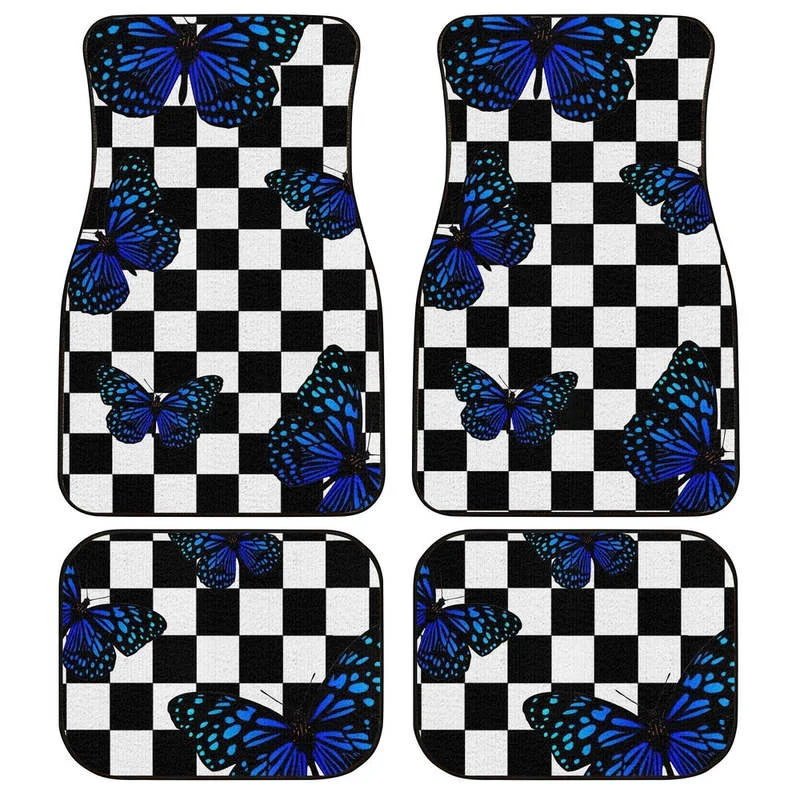 

Blue Butterfly Checkerboard Car Floor Mats Custom Car Accessories 4PCs Pack