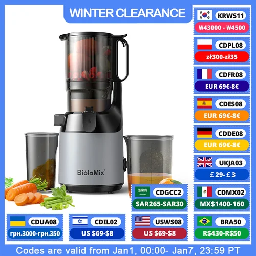 BioloMix 콜드 프레스 착즙기, 130mm 피드 슈트, 전체 과일 및 야채에 적합, 높은 주스 수확량, BPA 프리 느린 저작 착즙기 