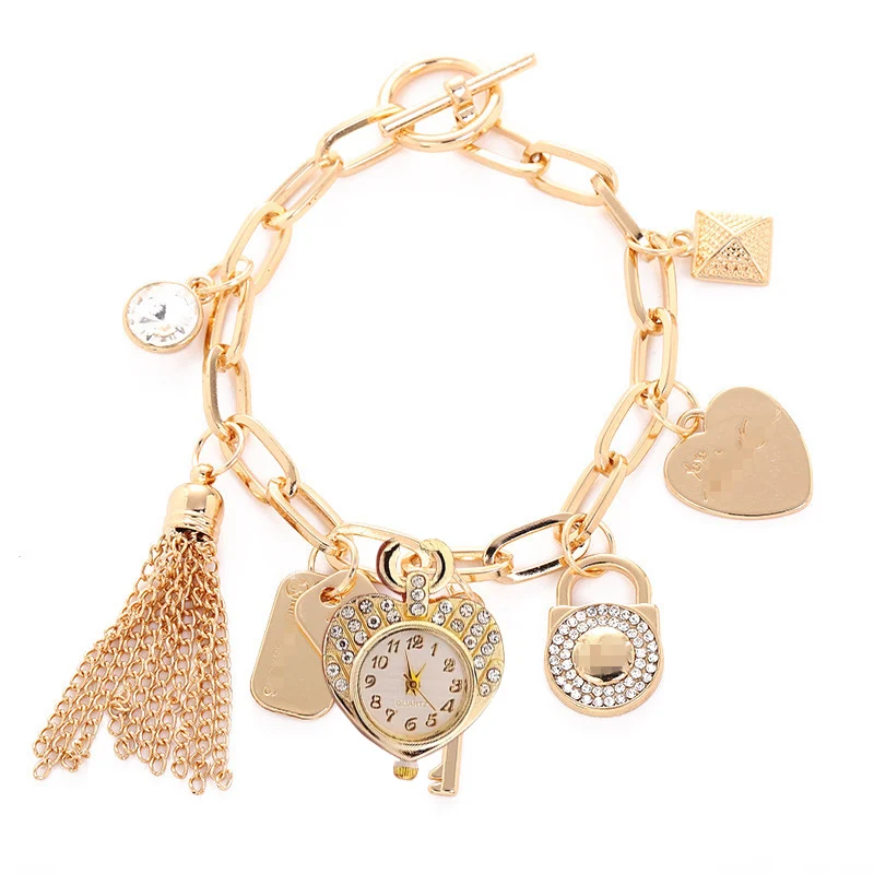 Fashion Love Rhinestone Dial Pendant Strap Women\'s Quartz Bracelet Watch