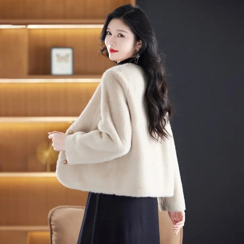 겨울 여성 고급 긴 소매 인조 모피 코트 한국 여성 패션 레저 모피 탑 재킷 2025 라운드 넥 플러시 아우터웨어