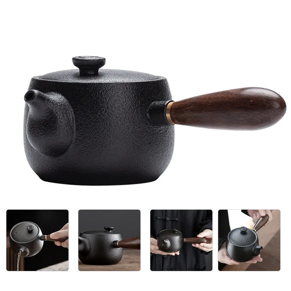 

1pc Black Pottery Teapot Vintage Ceramic Kung Fu Tea Set Heat Resistant Non Skid Handle For Home Office Cooking Elegant Chinese