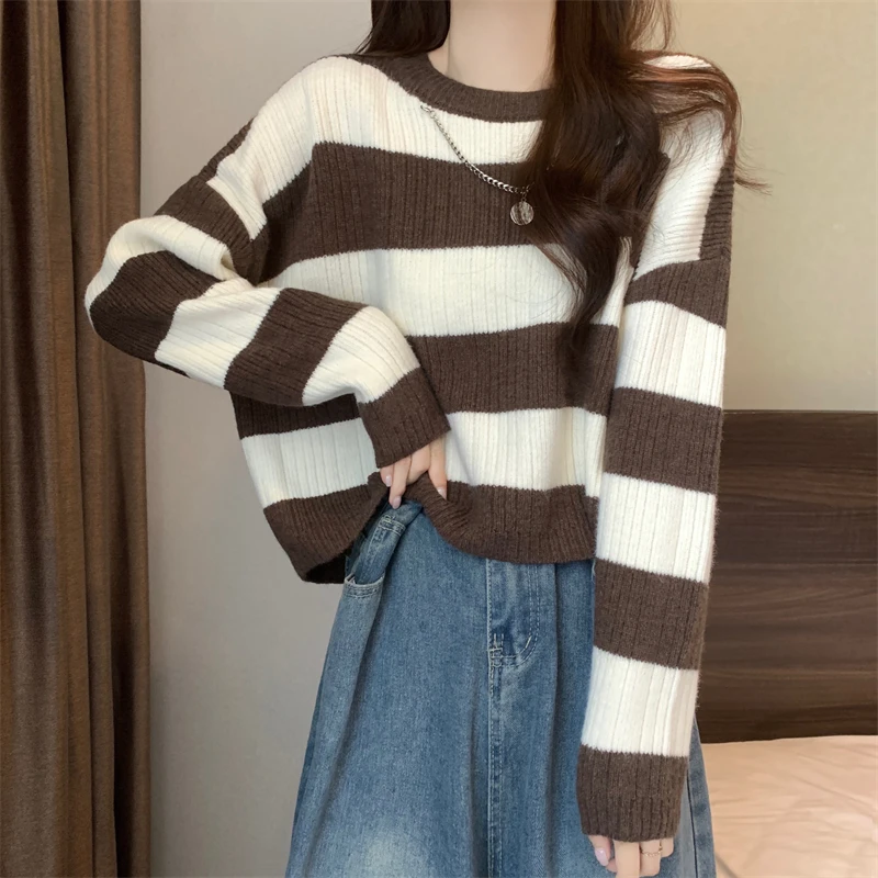 

American Style Women's O-neck Striped Pullover Contrast Long Sleeve Straight Casual Sweater Jumpers Fashion Lady Knitshirt Tops