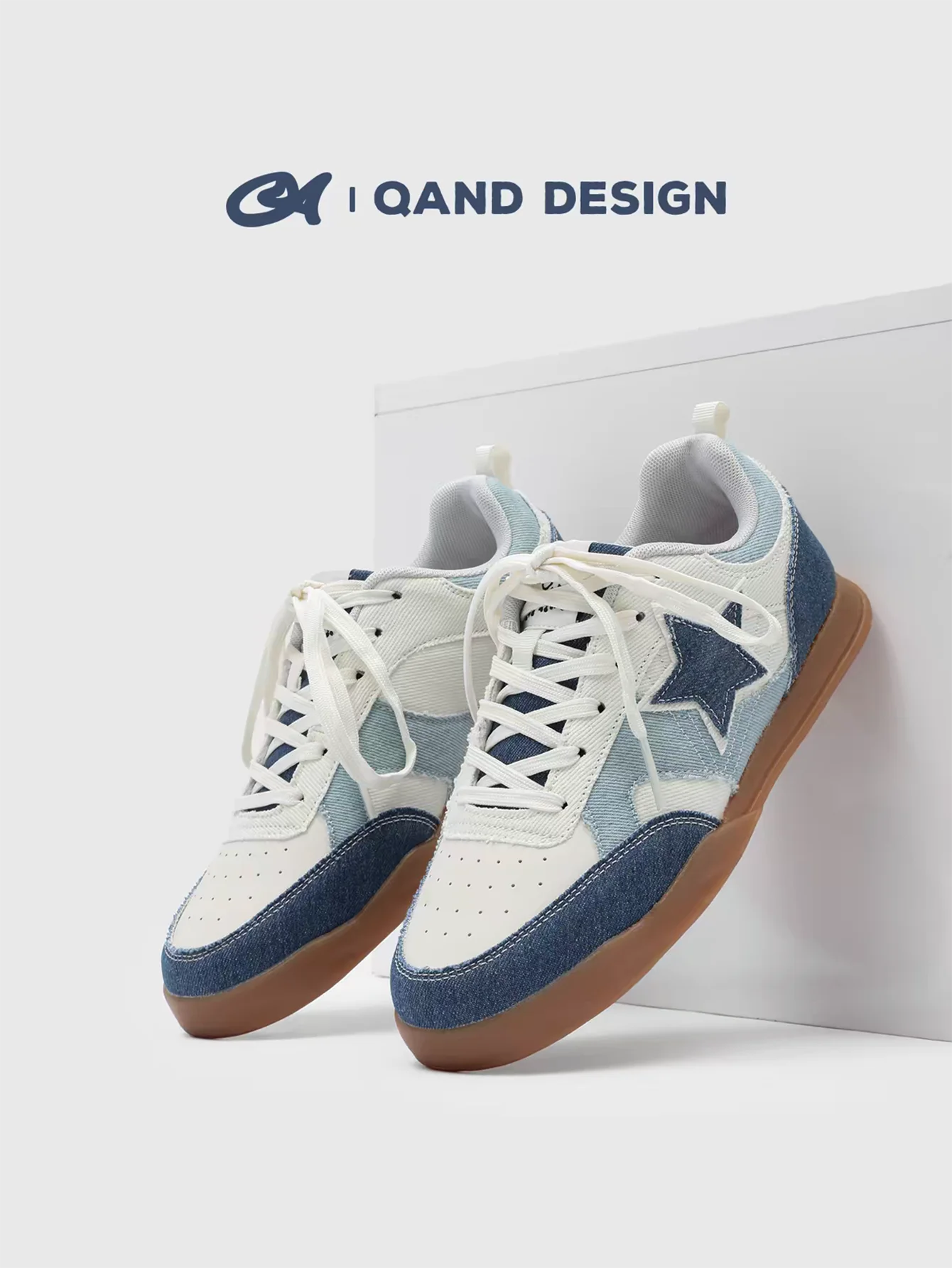 QAND Retro Denim Color-block Sneakers With star decorations TPR outsole unisex versatile casual sports shoes skateboarding shoes