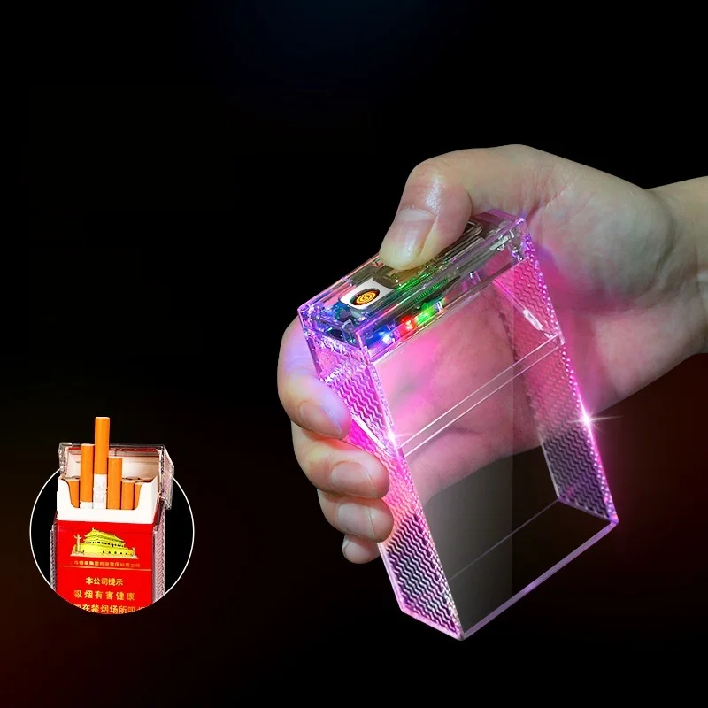 Transparent Acrylic Cigarette Case Arc Lighter Built‑in Colorful LED Lights USB Rechargeable Portable Daily Gadget See‑through
