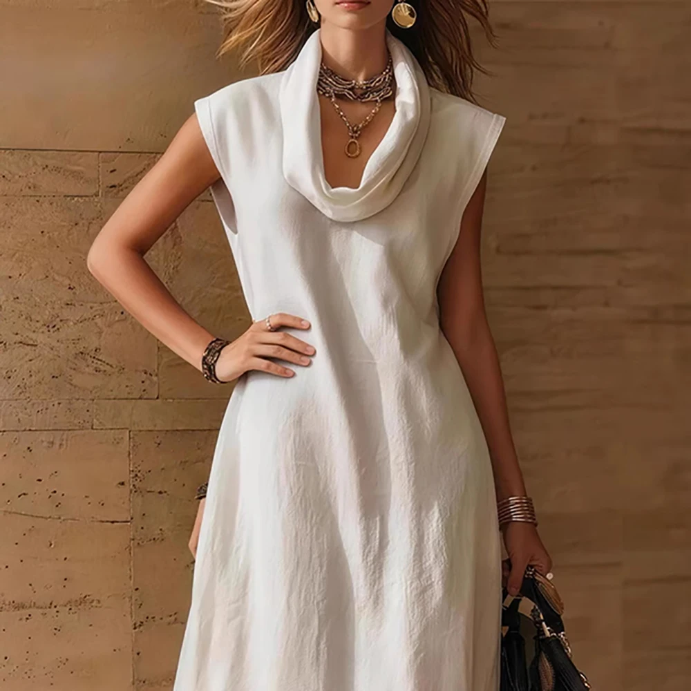 

Women's Linen Blend Elegant Maxi Dress Summer Sleeveless Cowl Neck Tiered Ruffle Hem Boho Casual Vacation Long Dresses Vestidos