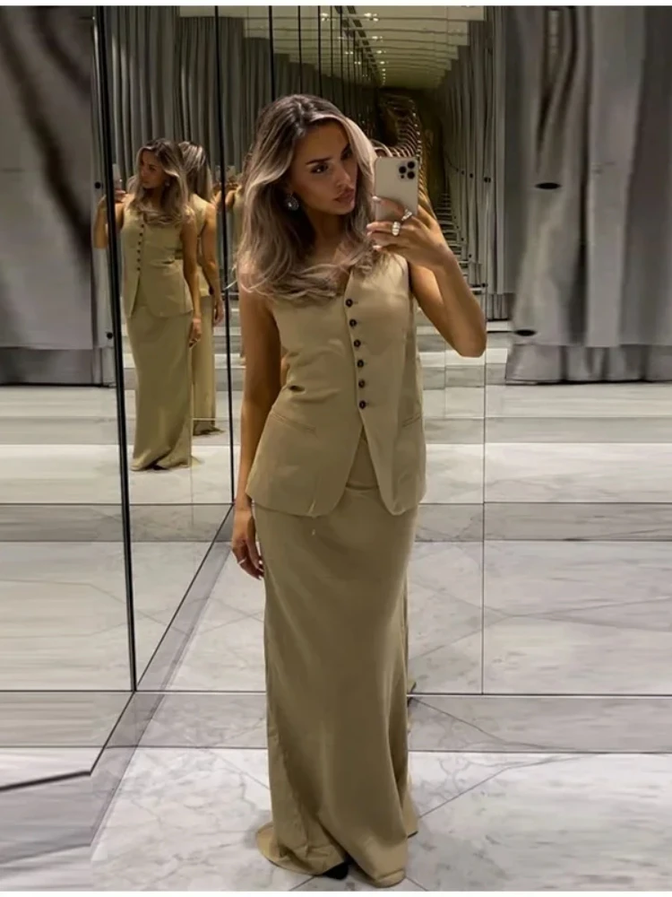 Estate elegante gilet gonna lunga set da donna senza maniche con scollo a v canotta gonne a vita alta vestito da donna 2024 nuovi abiti da donna da