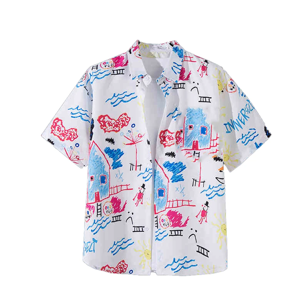 Men's Hawaiian Flowers Coconut Tree Print Shirt Harajuku Summer O Neck Casual Shirt Oversized Street Retro Beach Floral Shirts
