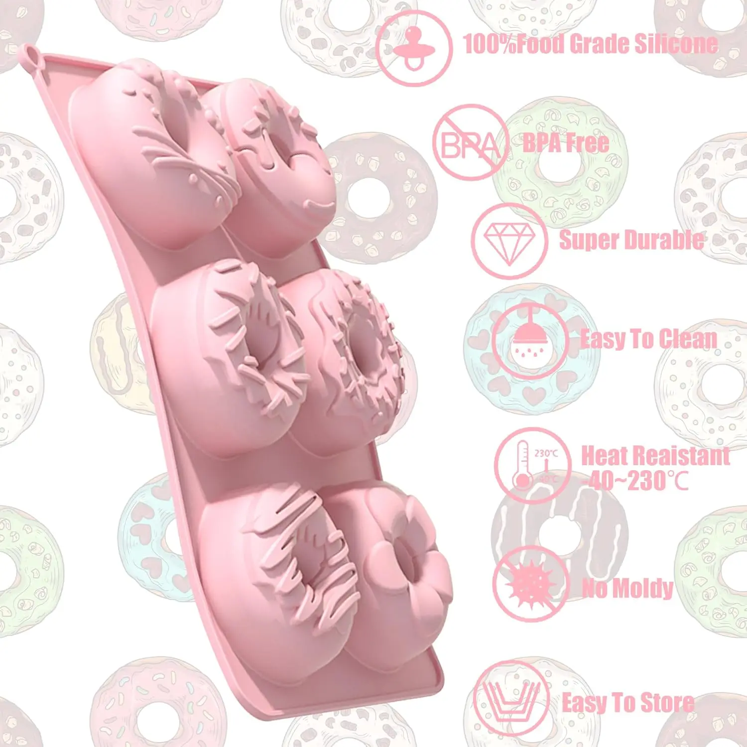 Molde para donuts de silicona rosa: antiadherente, bandeja para hornear donuts sin BPA, apto para lavavajillas y microondas, horno, color aleatorio
