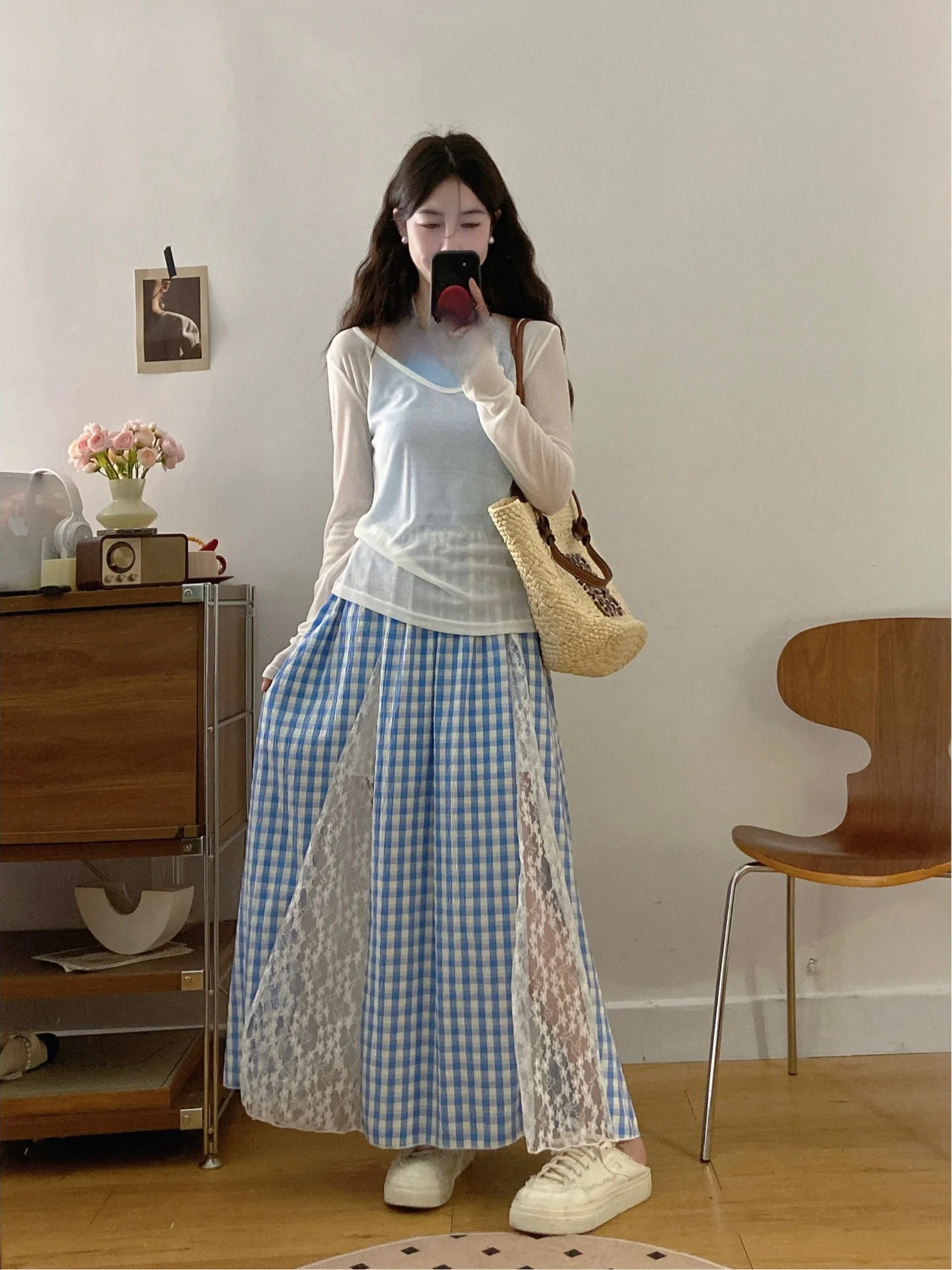 

plus Size Women's Fashion Set Salt System Lace Neck Hanging Vest Plaid Skirt Three Piece Set Autumn Commute Style