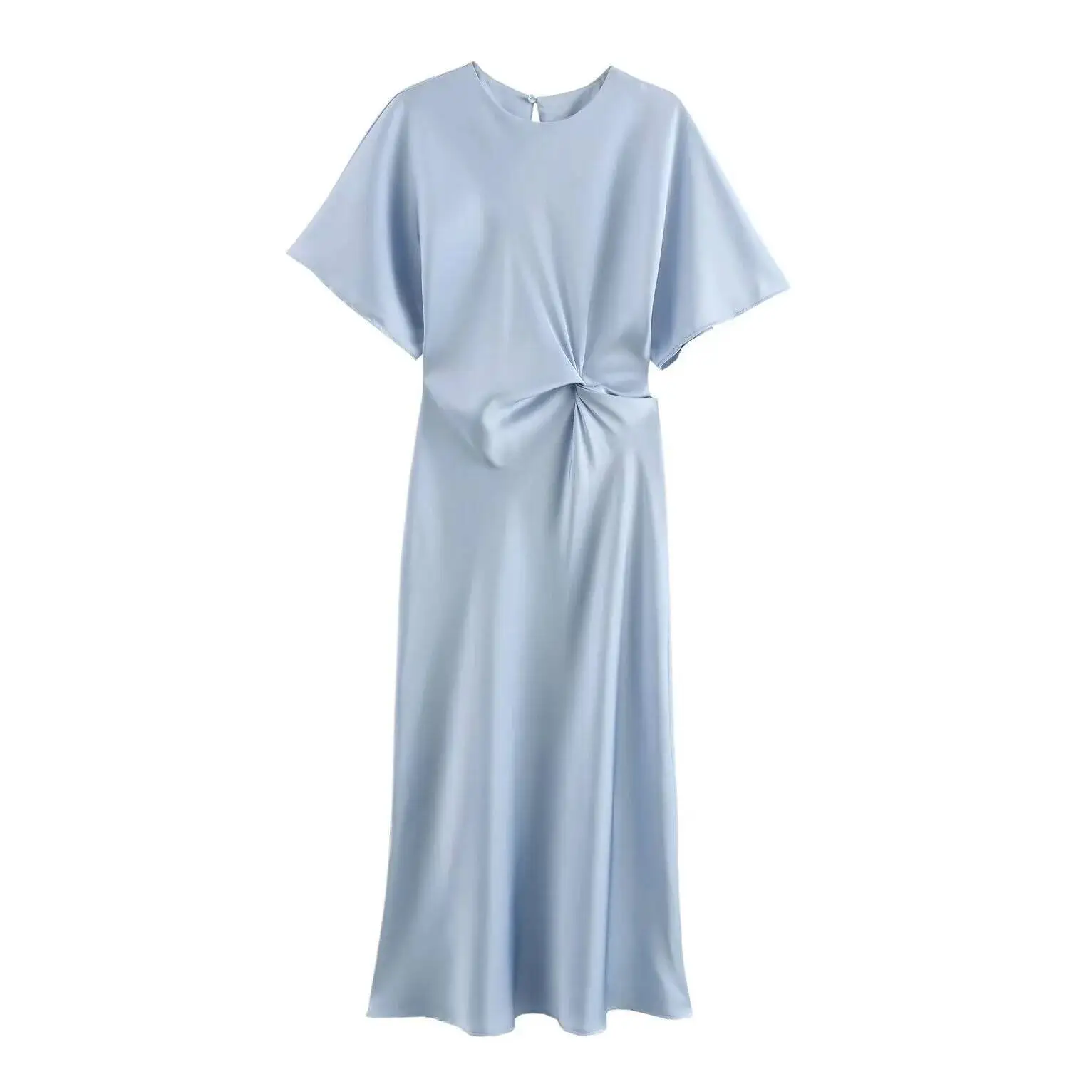 Sukienka damska na jesień 2025 w stylu europejskim i amerykańskim, z dekoracją w postaci węzła, z teksturą jedwabnej satyny, z okrągłym dekoltem, krótkim rękawem i długim krojem.