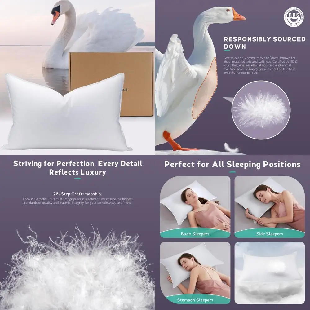 

Luxury White Goose Down Pillow - 800 Fill Power, 700 Thread Count Cotton, Ideal for Hotel-Quality Sleep