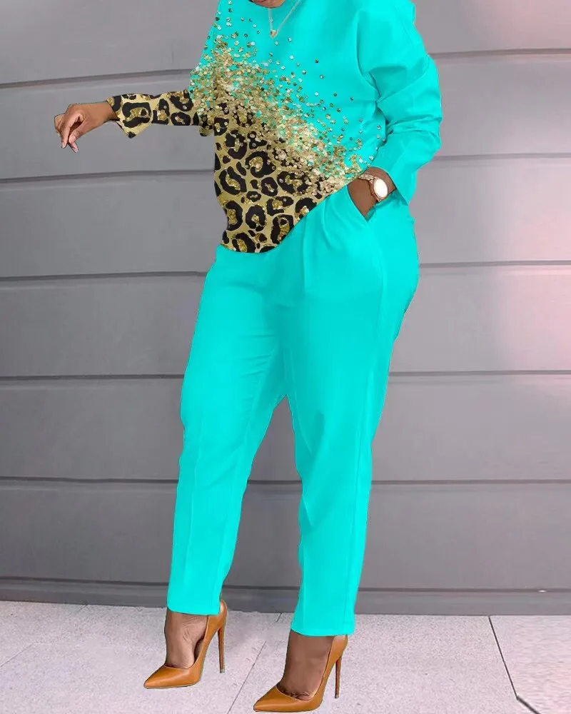 2 Piece Sets Woman Outfit,Women\'s Print Two Piece Set, O-neck Casual Long Sleeve T-shirt, Top And Pants, 2-piece, Spring, 2024,