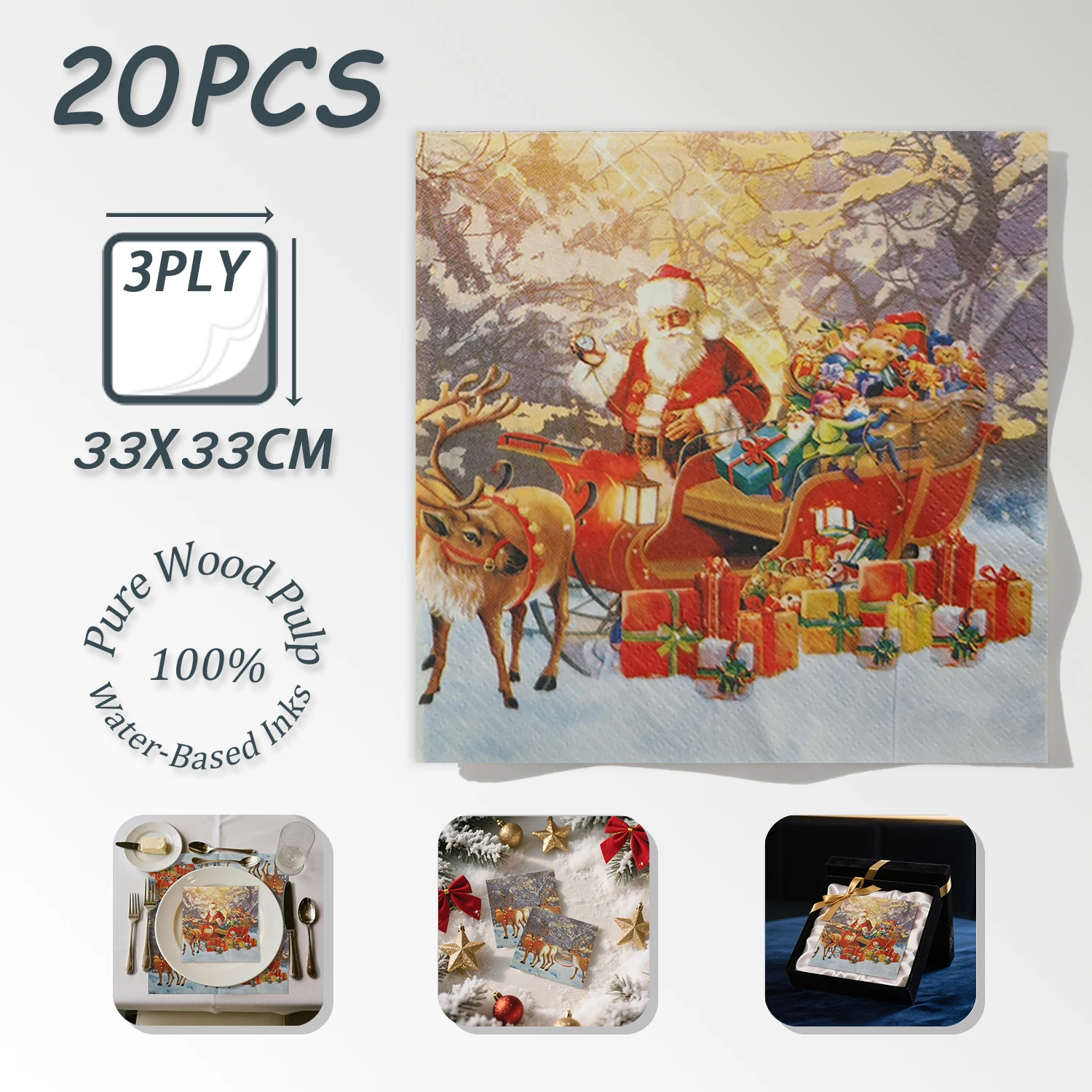 20 szt. Złote Świąteczne Serwetki Papierowe z Motywem Świętego Mikołaja, Reniferów, Sanek i Elfów, Dekoracyjne, Jednorazowe, 3-warstwowe, 33x33cm