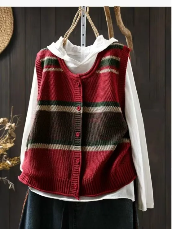 Authentic Spring Autumn plus Size Retro Striped Open Cardigan Vest Loose Layering Sleeveless Sweater Shoulder Pad Women's Fas...