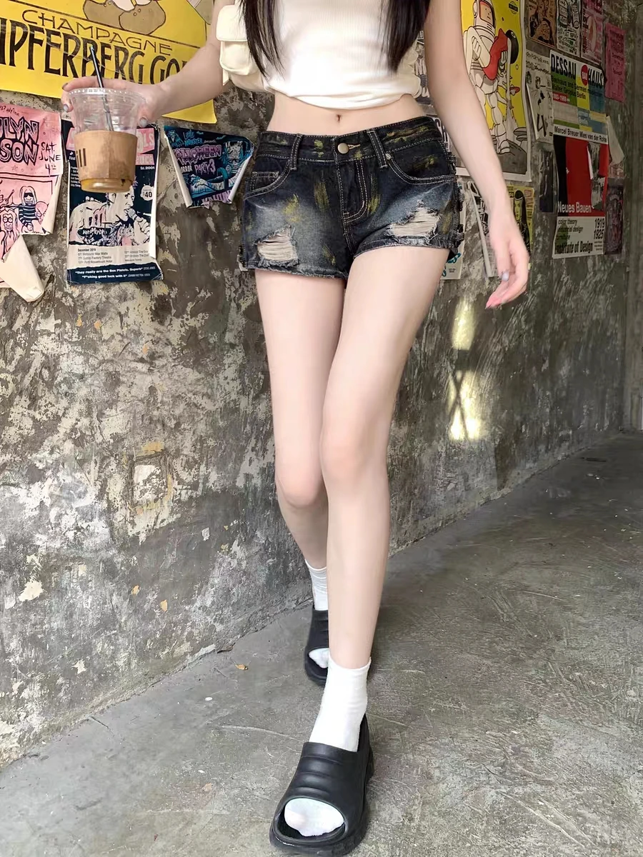 RORORIRI Grayu Foro strappato Pantaloncini di jeans blu Donna Anello Deocr Vintage Wash Distressed Pantaloni a vita bassa Y2k Estate Streetwear