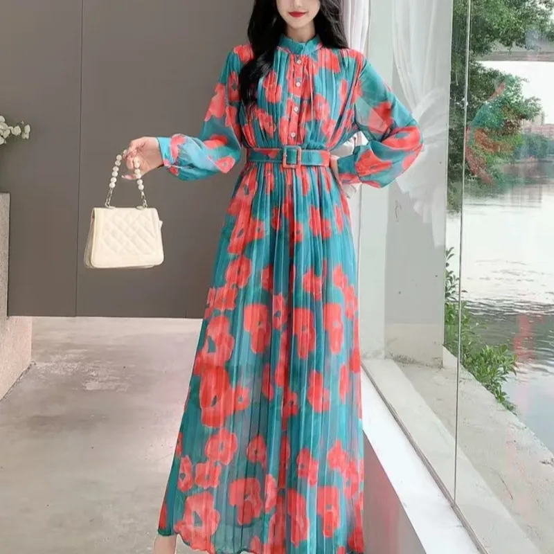 HKSH Primavera Autunno Nuove donne vestono fiore stampato colletto alla coreana maniche lunghe pieghe con cintura abiti eleganti casual francesi HK17034