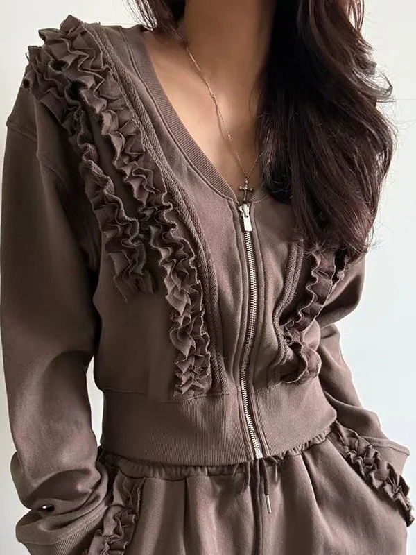 

Fashionable Patchwork Wood Grain Short Jacket Women's Casual High Waist Long Pants Set Autumn New Design Sense Ensemble