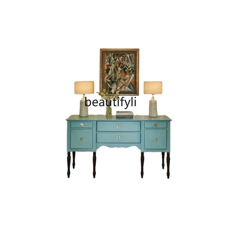 

French Retro Blue High-End Solid Wood Porch Full-Set Carved Antique Sideboard Cabinet Locker