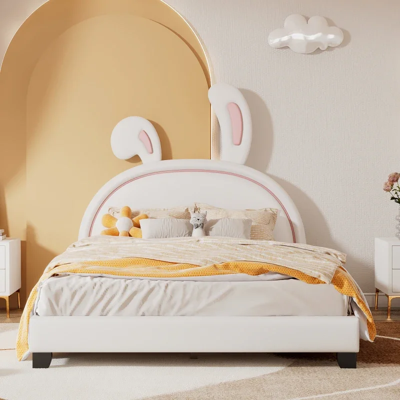 Full Size Upholstered Leather Platform Bed with Rabbit Ornament, White