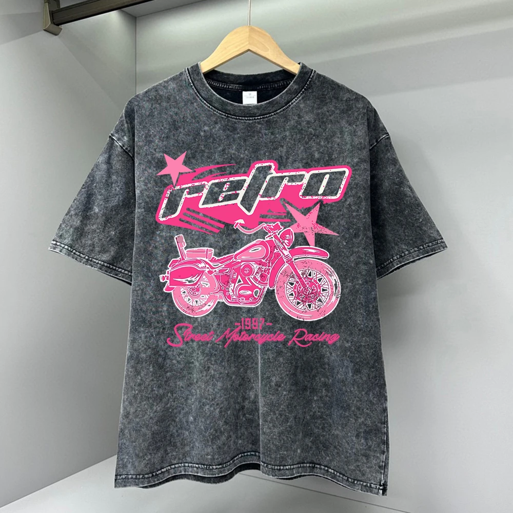 Y2K Pink Retro Motorcycle Street Print Men Tshirts Breathable T Shirts Loose Cotton Tee Clothing Casual Tops Brand Oversize Tees